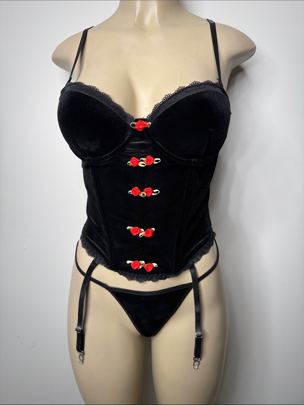 Black Velvet Corset Bustier with Red Rose Accents